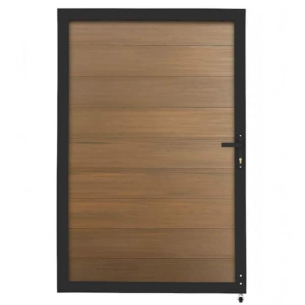 New Version Privacy 4 ft. W x 6 ft. H Aluminum Frame Fence Gate Brown Composite Panel with Security Lock System