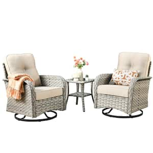 Charlotte 3-Piece Wicker Outdoor Rocking Chair with Beige Cushions