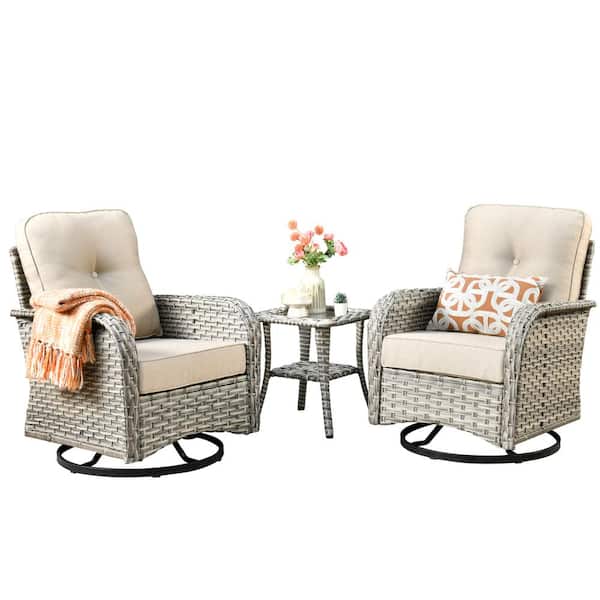 Charlotte 3-Piece Wicker Outdoor Rocking Chair with Beige Cushions