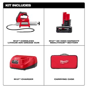 M12 12-Volt Lithium-Ion Cordless Grease Gun Kit with One 3.0 Ah Battery, Charger and Tool Bag with M12 3/8 in. Ratchet