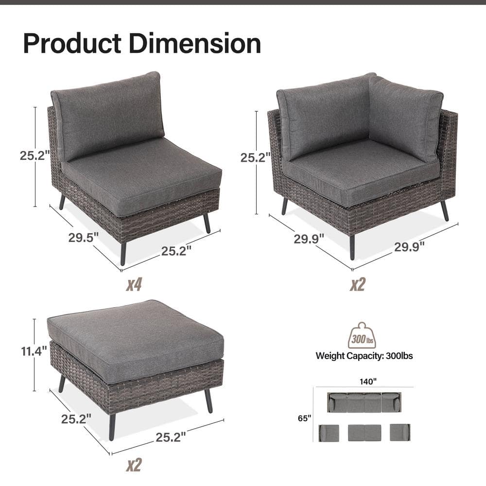 Gray 8-Piece Steel Frame Outdoor Sectional Sofa Set