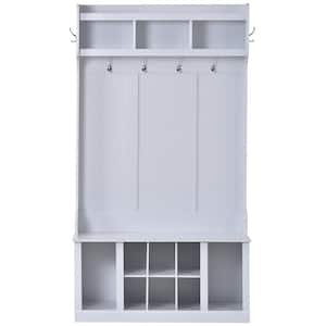 White Hall Tree, Hallway Coat Rack with 6-Metal Hooks, Shelves and Storage Grids, 3-in-1 Hallway Shoes Bench 70.8 in. H