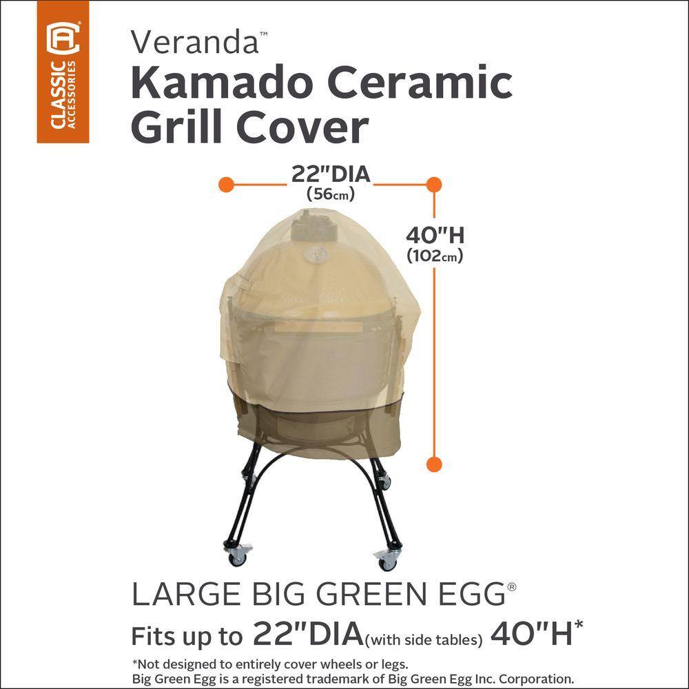 Large Tan and Brown Polyester Kamado Grill Cover with Elastic Closure
