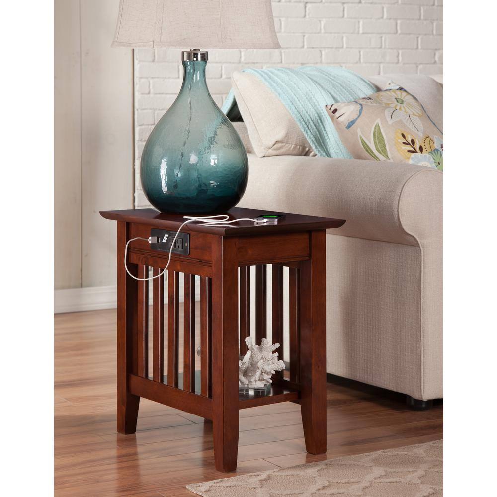 Walnut Brown Solid Hardwood Side Table Set with USB Charger