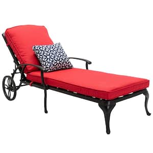 Antique Bronze 1-Piece Aluminum Adjustable Reclining Outdoor Chaise Lounge with Red Cushion and Pillow