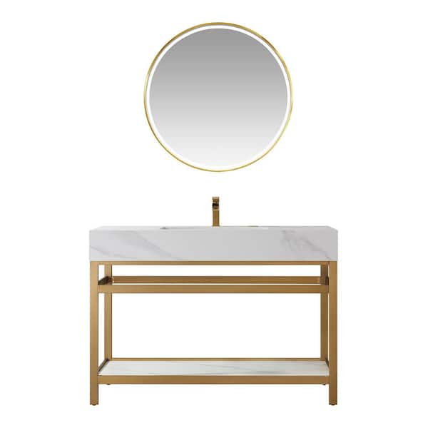 ROSWELL Bilbao 48 in. W x 21.7 in. D x 33.9 in. H Single Sink Bath Vanity in Gold Base with White Sintered Stone Top and Mirror