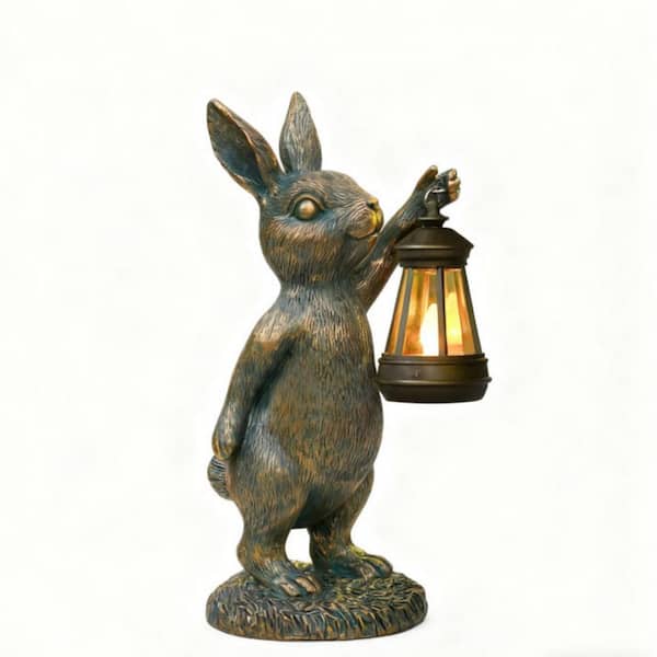 12 in. Gray Resin Solar Rabbit Statues