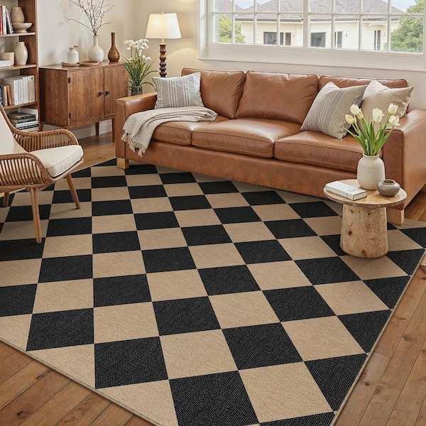 Diamond Grid Linen-look Black/Brown 5 ft. x 7 ft. Checkered Area Rug