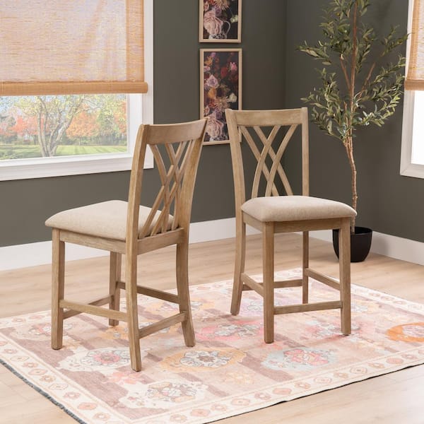 Linon Home Decor Peterson 24.5 in. Natural High Back Wood Counter Stool with Fabric Seat (Set of 2)