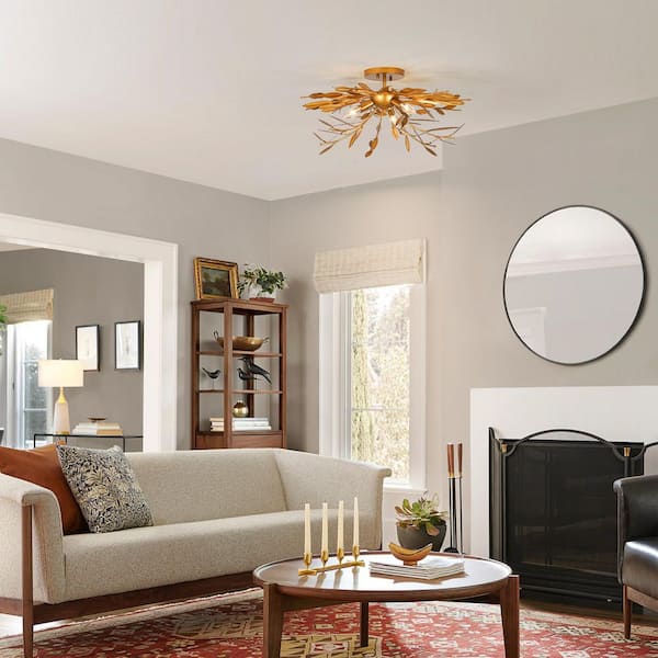 Rennnsan Arvella 24.1 in. Modern 3-Light Antique Gold Branch Leaf