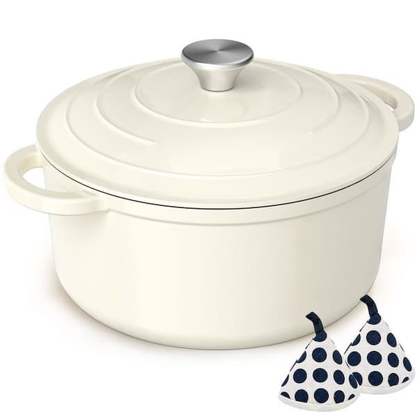 5 qt. Cast Iron Dutch Oven in Cream White with Lid and Cotton Potholders, Heavy-Duty Cookware for Bread Baking