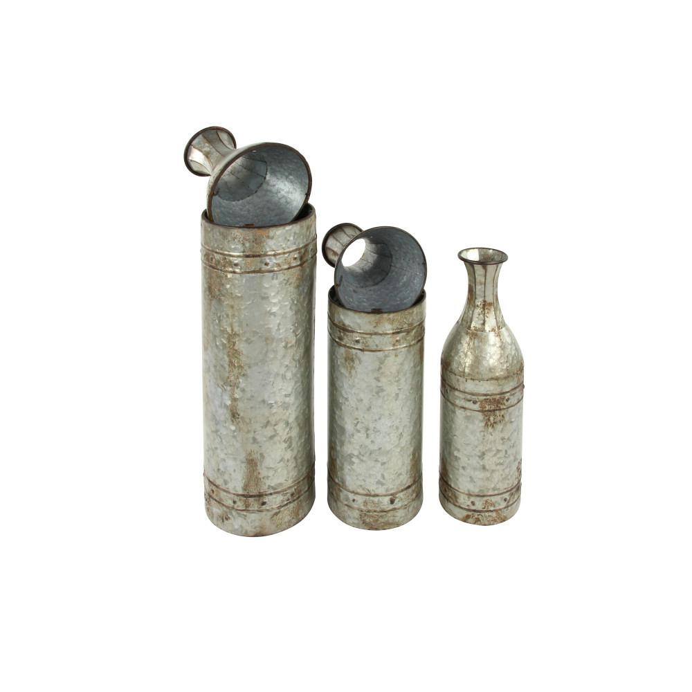 Galvanized Metal Cylinder Floor Vases, Set of 3, Farmhouse Decor