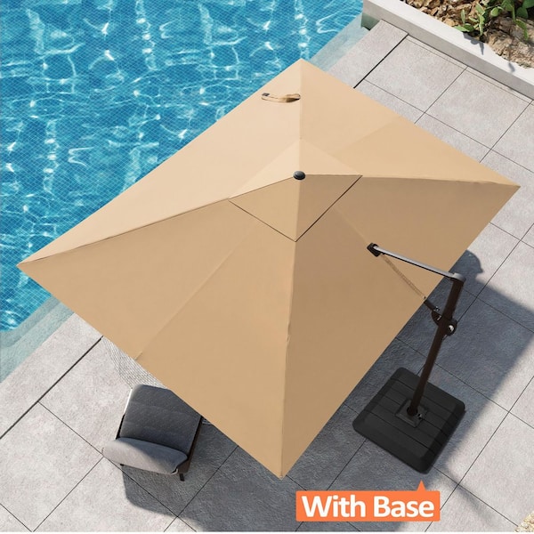 Pellebant 12 ft. x 9 ft. Outdoor Aluminum Cantilever Umbrella Offset 360° Rotation Patio Umbrella with a Base, Tan
