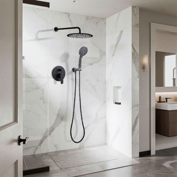 Round 2-Spray Patterns with 1.6 GPM 12 in. Wall Mounted Rain Fixed Shower Head in Matte Black