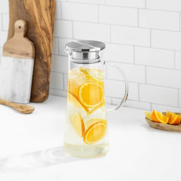 Glass Pitcher with Stainless Steel Lid / Water Carafe with Handle