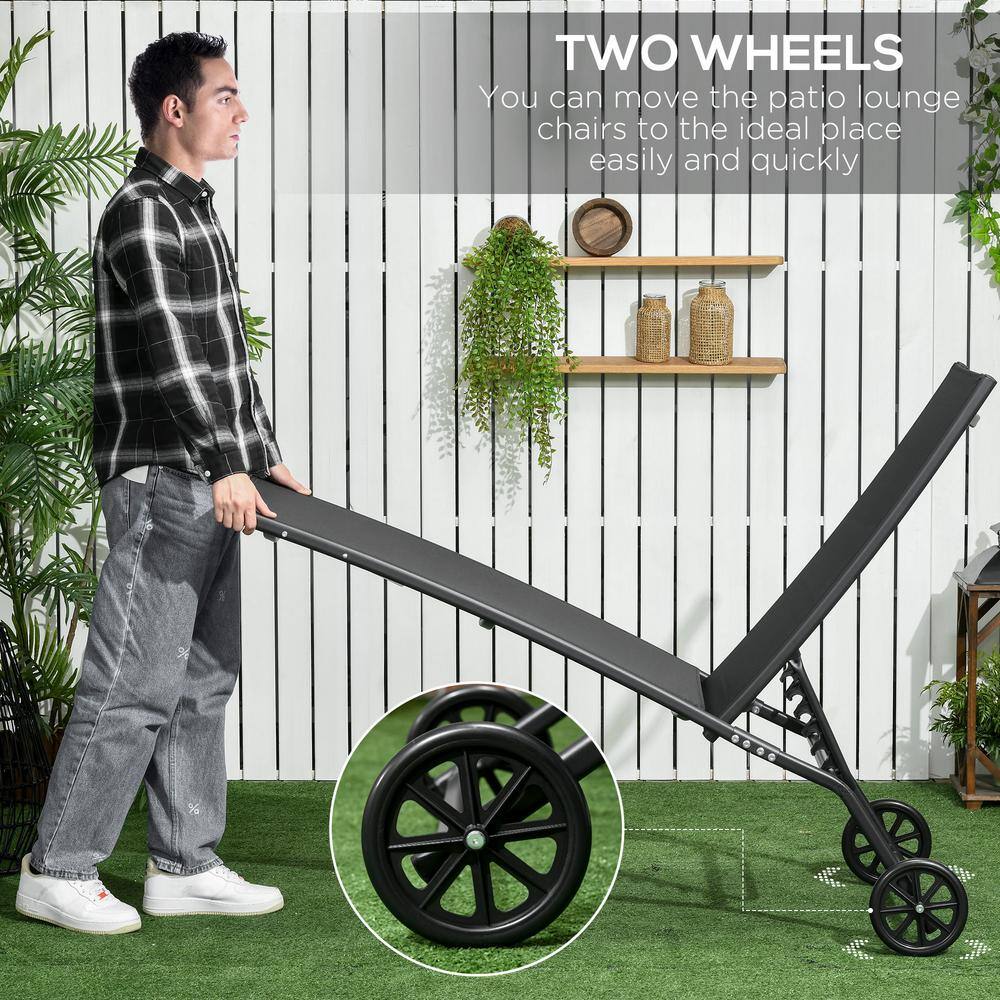 Black Steel Adjustable Outdoor Chaise Lounge Set with Wheels