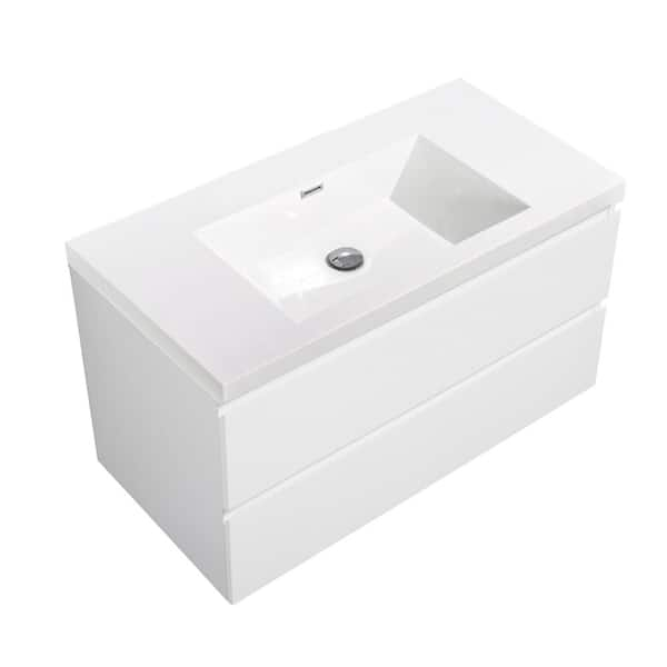 35.44 in W x18.9 in. D Wall-Mounted Bath Vanity in High Glossy White with white glossy Resin Top