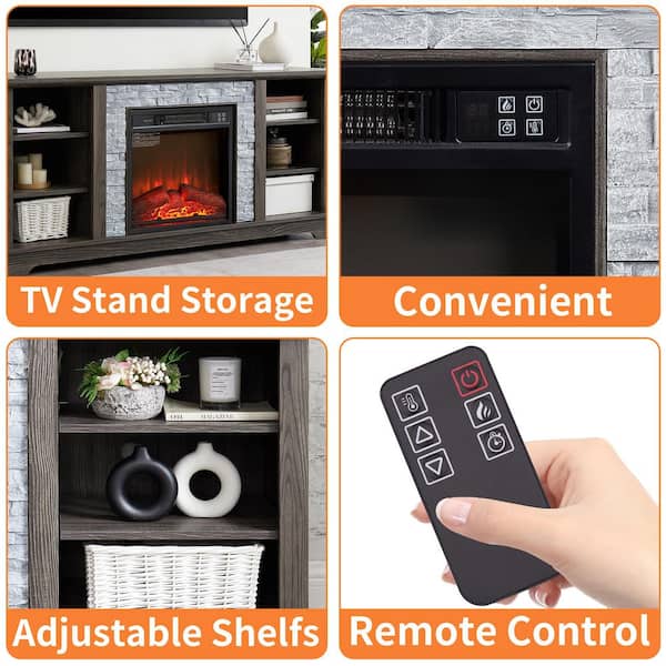 58.31 in. Freestanding TV Stand with 18 in. Electric Fireplace Insert, for TVs up to 65 in., Grey, Faux Stone Surround