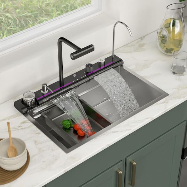 30 in. Drop-In Single Bowl 16-Gauge Brushed Stainless Steel Waterfall Workstation Kitchen Sink with Pull-Out Faucet