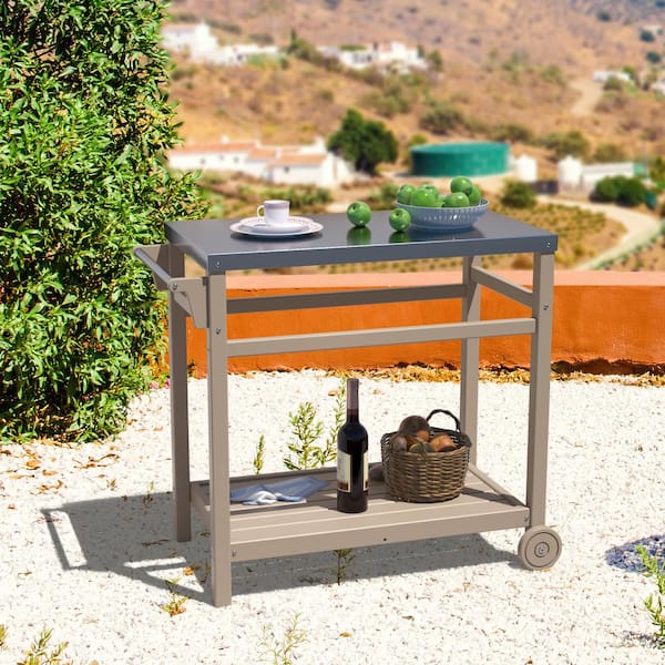 Unbranded 34 in. Outdoor Prep Cart Dining Table for Pizza Oven, Patio Grilling Backyard BBQ Grill Cart in Wood Brown