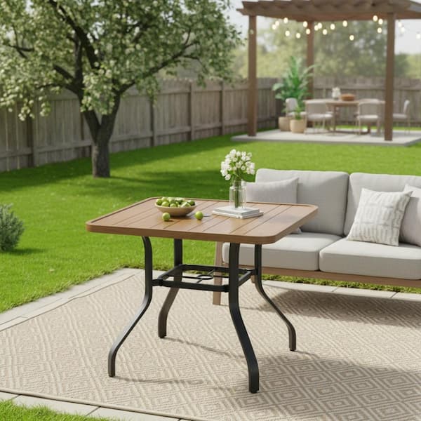 Square Outdoor Patio Dining Table – Alloy Steel Frame With Faux Teak Slatted Top, Weather-Resistant, Modern Design For Garden, Balcony, Porch, Or Poolside