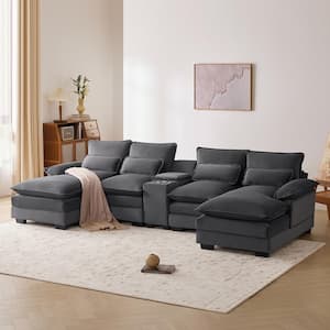 123 in. W Pillow Top Arm Velvet U-Shaped Sectional Sofa in. Gray with 4 Lumbar Pillows, Console, Cup Holders, USB Ports