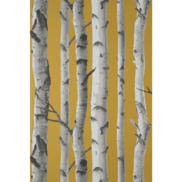Fine Decor Chester Mustard Yellow Birch Trees Wallpaper Sample