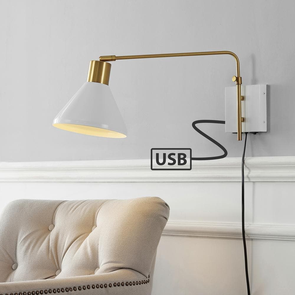 Modern Farmhouse 20.5" White and Brass Gold Iron LED Swing Arm Sconce