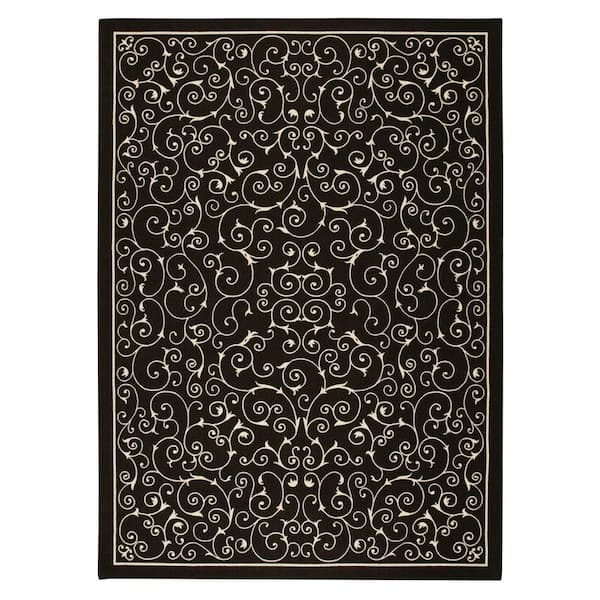 Nourison Home and Garden Pavilion Black 8 ft. x 11 ft. Floral Transitional Indoor/Outdoor Patio Area Rug