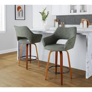 Mustang 26.5 in. Green Fabric, Walnut Wood and Black Metal Fixed-Height Counter Stool (Set of 2)