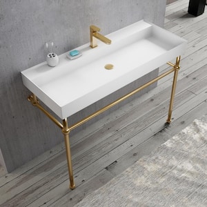 47 in. Resin Stone Solid Surface Console Sink White Basin and Gold Leg Combo