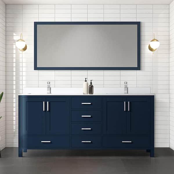 Lexora Jacques 72 in. W x 22 in. D Navy Blue Bath Vanity, Cultured Marble Top, Faucet Set, and 28 in. Mirror