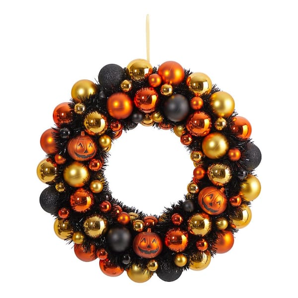 Nearly Natural 19 in. Orange Shatterproof Jack-o-Lantern Pumpkin Ornament Halloween Wreath
