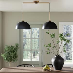 Percy Modern 2-Light Pendant Light Fixture with Metal Shade and Adjustable Cord for Kitchen Island, Black/Vintage Brass
