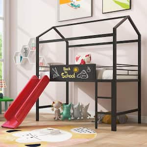 Black and Red Twin Size Metal House Bed Loft Bed with 2-sided Writable Wooden Board, Slide, and Ladder