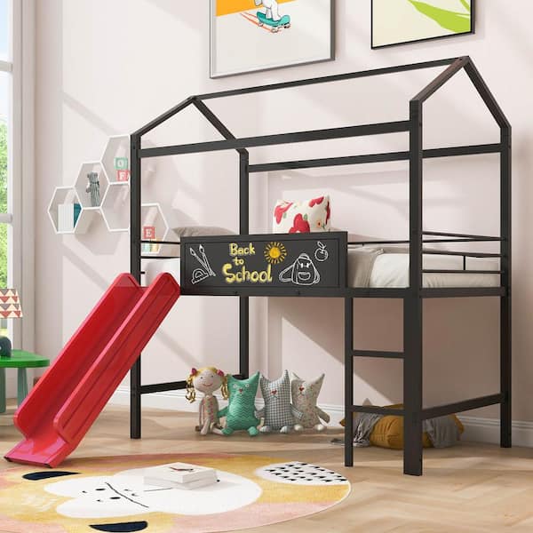 Harper & Bright Designs Black and Red Twin Size Metal House Bed Loft Bed with 2-sided Writable Wooden Board, Slide, and Ladder