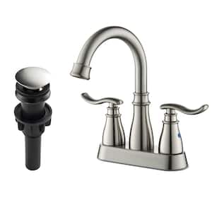 4 in. Centerset Double Handle High Arc Bathroom Faucet with Pop-Up Drain 3 Hole Bathroom Basin Taps in Brushed Nickel