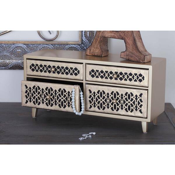 Litton Lane 15 in. x 7 in. 4-Drawer Wooden Gold Lattice Jewelry Box