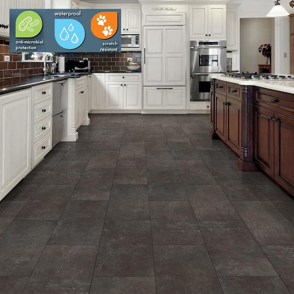 Castle Black Slate 6 MIL x 12 in. W x 24 in. L Click Lock Waterproof Vinyl Tile Flooring (23.8 sqft/case)