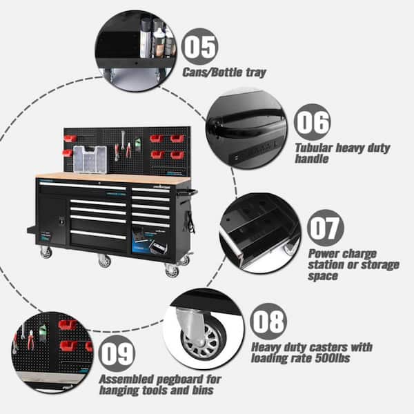 Frontier Heavy-Duty 62 in. W x 22 in. D 10-Drawer Black Tool Chest Mobile Workbench Cabinet with Pegboard Back Wall