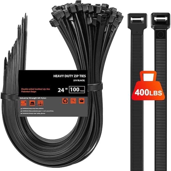 24 in., UV Resistant Nylon Cable Zip Tie Heavy Duty 500 LBS Tensile Strength Double Sided Toothed Black 100-Pack
