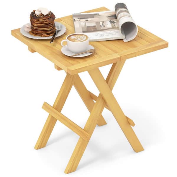 Kadehome 18 in. W Square Folding Teak Side Table Slatted Top End Table with X-Base for Patio, Deck or Porch