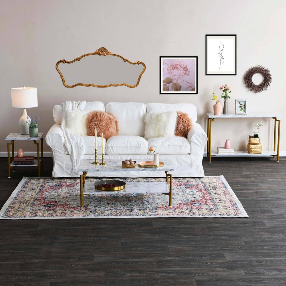 Crown Rectangular White Marble and Gold Metal Coffee Table with Storage Shelf