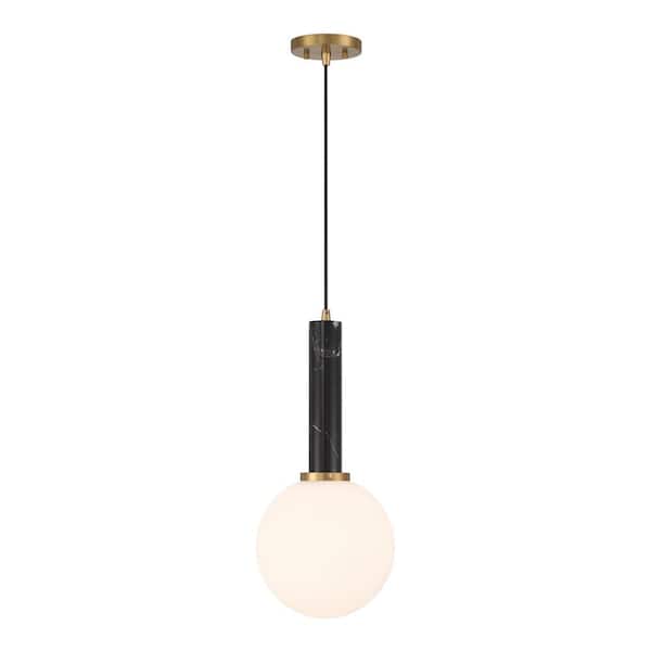 Savoy House Callaway 60-Watt 1-Light Black Marble with Warm Brass Pendant Light with White Glass Shade, No Bulbs Included