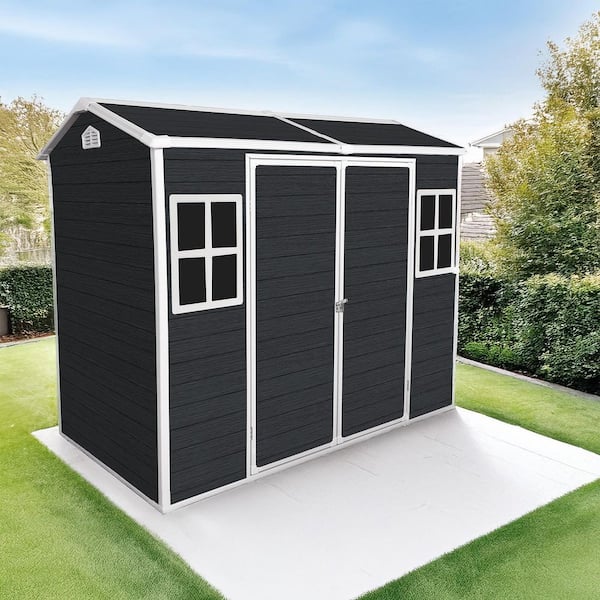 Unbranded 8 ft. x 4 ft. Outdoor Resin Garden Storage Shed, Covered Area 32 sq. ft., with Floor and 2 Windows, Lockable Door, Black