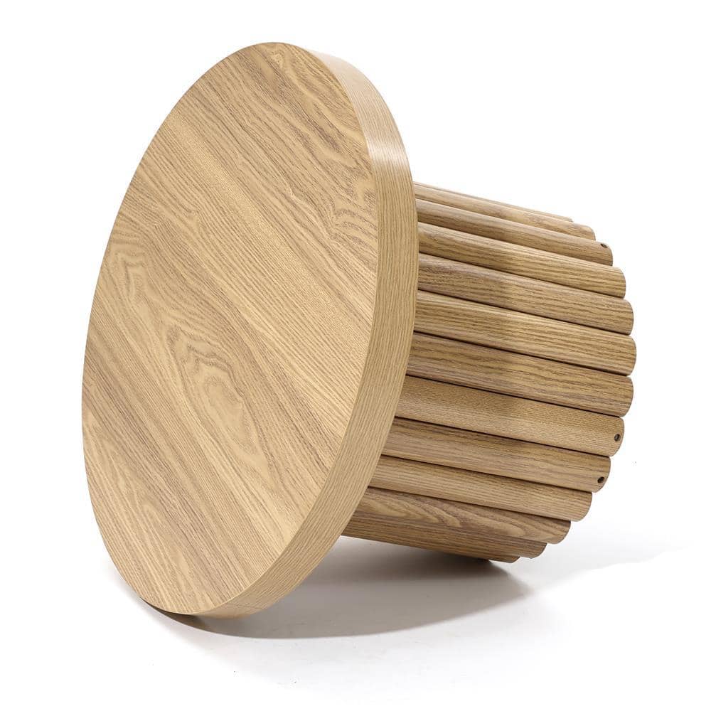 Fluted Round Oak Finish Wood Coffee Table
