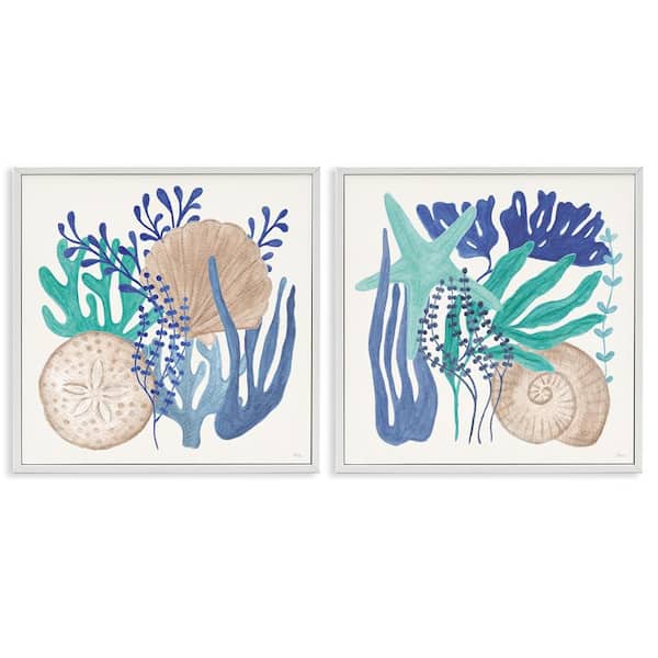 Coastal Coral and Seashells by Veronique Charron 2 Pieces White Framed Coastal Giclee Art Print 24 in. x 24 in.