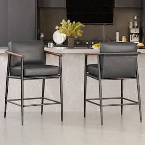 Zephyra Grey Upholstered Leather 27.2 in. H Counter Height Bar Stool with Metal Frame (Set of 2)