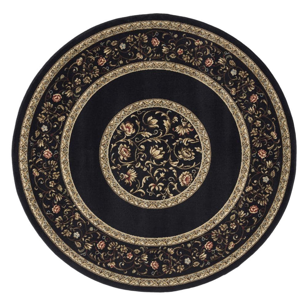 Concord Global Trading Ankara Floral Border Black 5 ft. Round Area Rug
