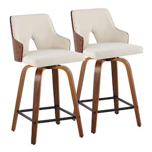 Stella 24 in. Cream Fabric, Walnut Wood and Black Metal Fixed-Height Counter Stool with Square Footrest (Set of 2)